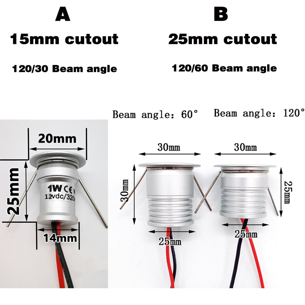 LED Spotlight Dimmable Spot Lamp DC12V 1W 15mm 25mm Cutout Recessed Downlight IP65 Bedroom Ceiling Cabinet Stair Spotlight