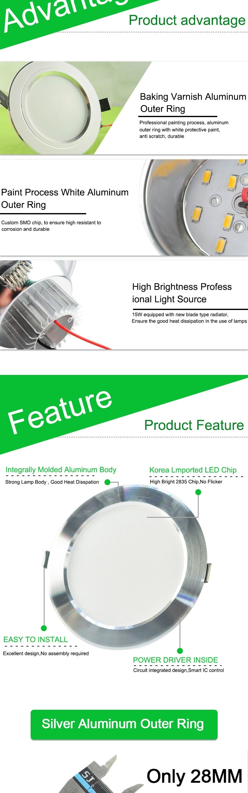 Downlight 3W 5W 9W 12W 15W 18W led downlight Silver White Ultra Thin Aluminum AC110V 220V 240V Round Recessed LED Spot Lighting