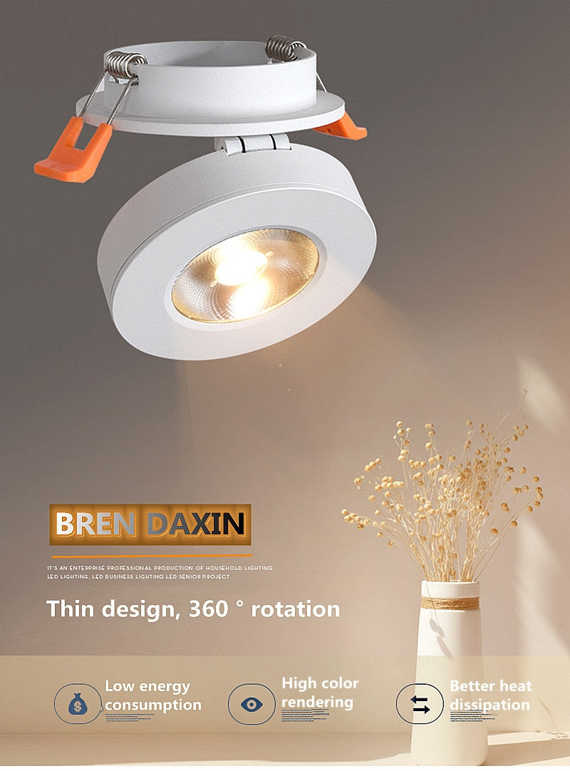 COB Ceiling Recessed Downlight 360 degree Rotatable Dimmable Slim 90 degree Foldable LED Spot Light Indoor lighting