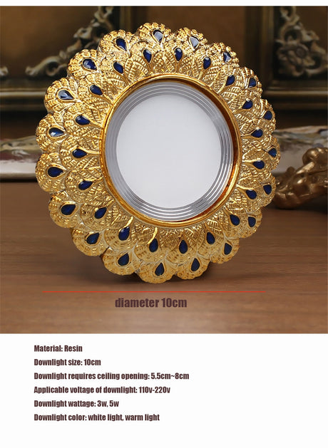 Europe Luxury Gold Resin Peacock Feather Embedded Downlights 3W 5W 110V 220V Open Hole 6Cm Corridor Led Lamp Foyer Art Spotlight
