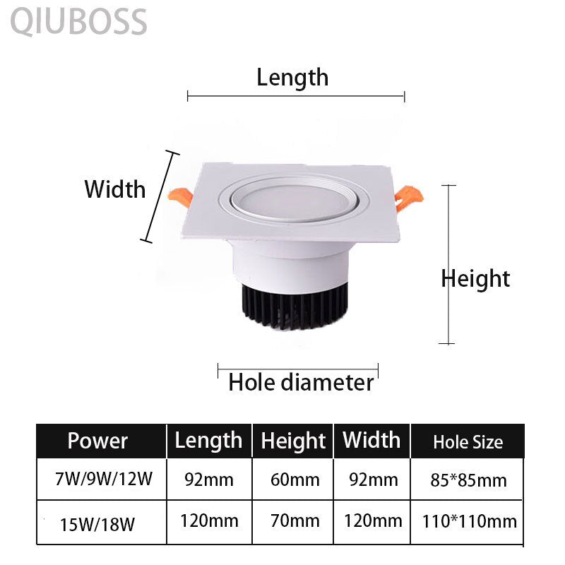 Square LED Dimmable Recessed Downlight 7W/9W/12W/15W/18W COB Ceiling Spotlight AC85-265V LED Background Lamps Indoor Lighting