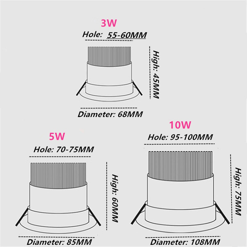Dimmable Led Downlight Cob Ceiling Recessed Spotlight Adjustable Angle 3W 5W 7W 110V 220V
