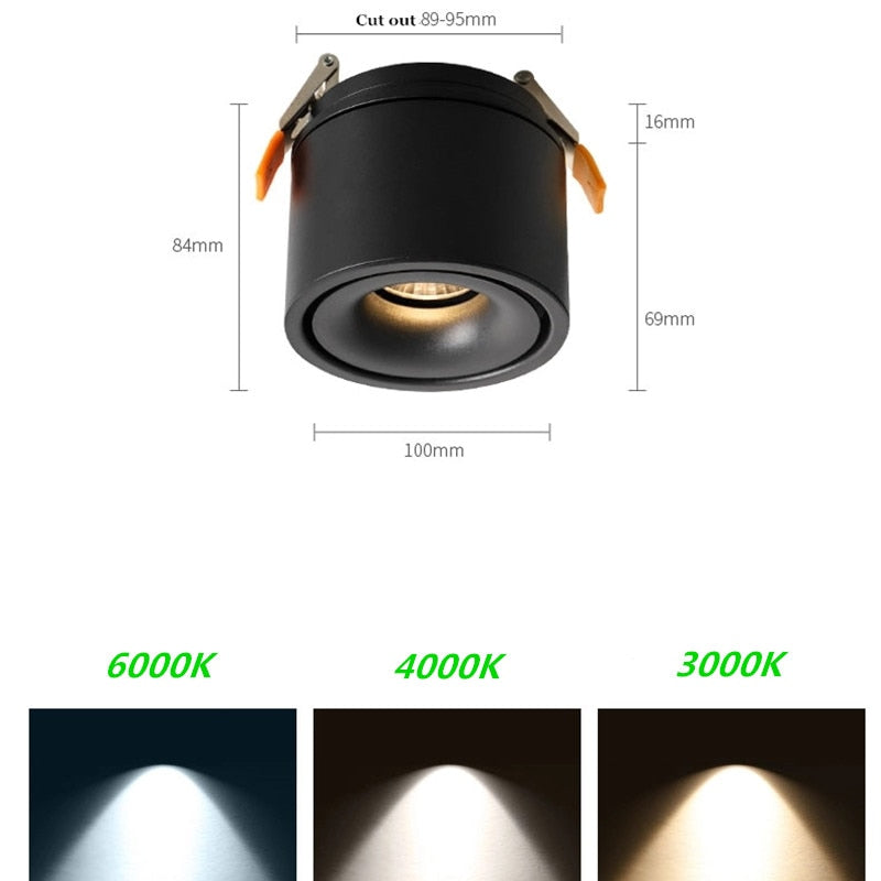 Adjustable concealed ceiling lamp, dimmable Nordic indoor spotlight, 10W, 12W, 15W. Embedded led ceiling lamp downlight