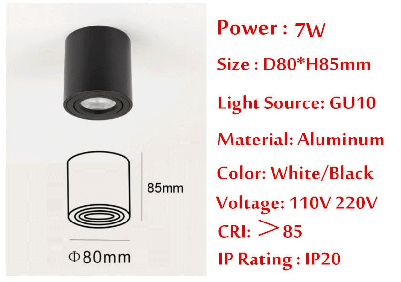 Adjustable LED Round Surface Mount Trim less Downlight GU10 Fixture Cylinder Ceiling Down Spot Light Bedroom Lamp GU10 Fitting