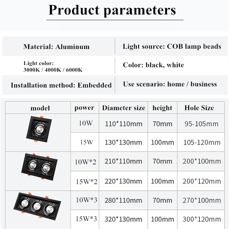 PCS Super Bright Recessed Square Dimmable LED Downlight COB 10w 15W Led Spot Light Decoration LED Ceiling Lamp AC110V 220V