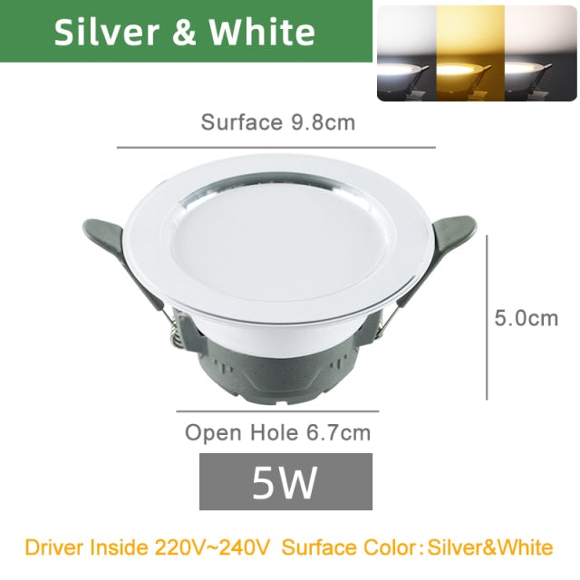 OK-B LED Downlight Ceiling 5w 10w 15w Silver White Led Lamp Recessed 110~220v LED Down Light Indoor Lighting Aluminum Spot Light