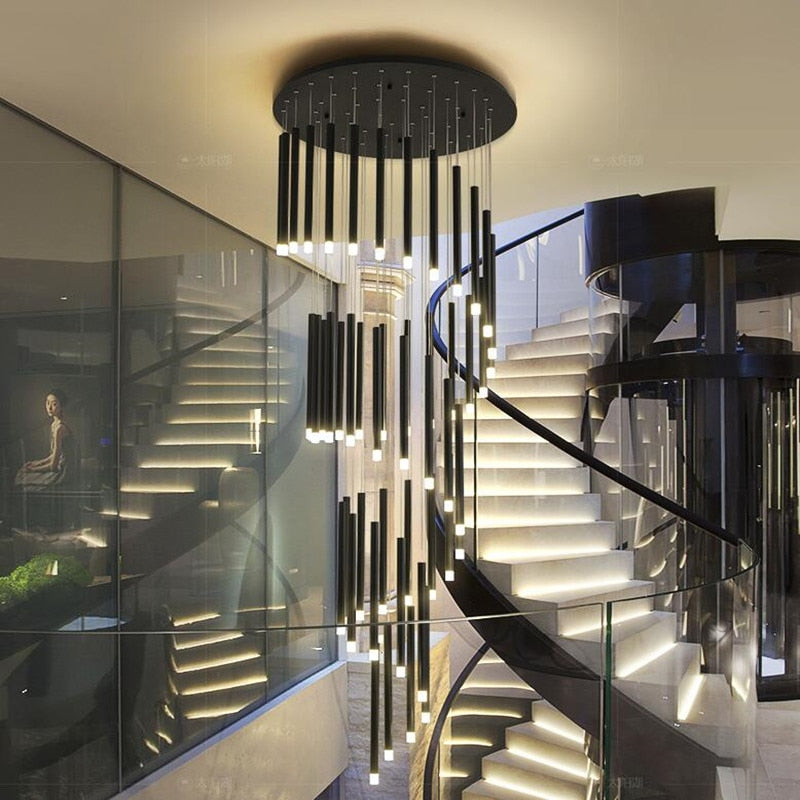 New LED Chandelier Lighting Modern for Staircase Living Room Dining Industrial Pendant Lamp Loft Villa Black Long Downlight