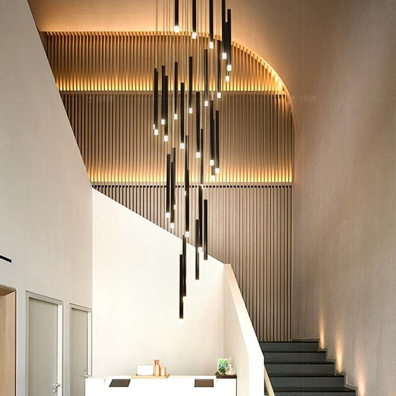New LED Chandelier Lighting Modern for Staircase Living Room Dining Industrial Pendant Lamp Loft Villa Black Long Downlight