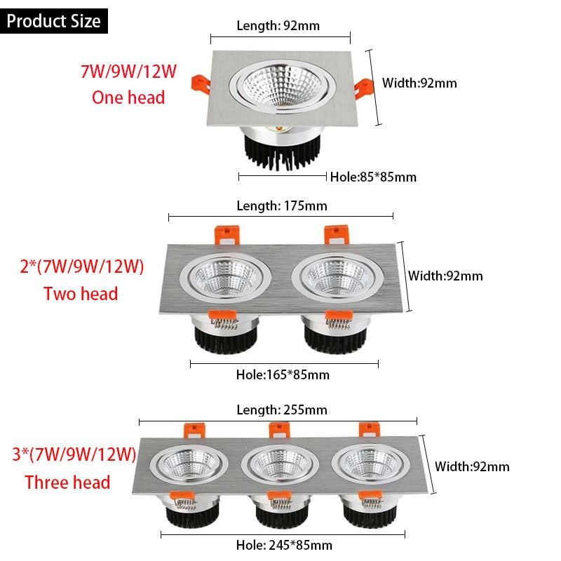 Square Recessed LED Dimmable Downlights Panel Lights AC90~260V COB LED Spotlights LED Recessed Ceiling Lamps Indoor Lighting