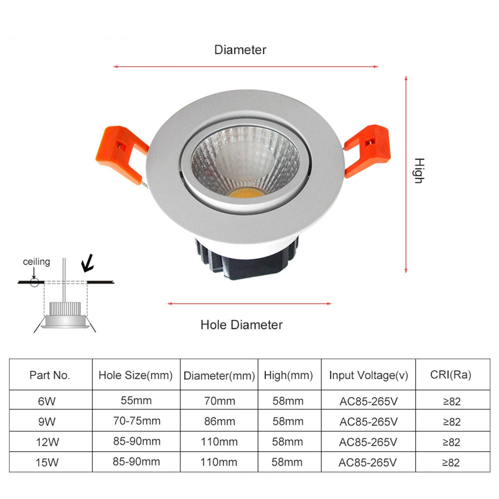 DBF Anti-glare Recessed Ceiling Spot Light Dimmable 6W 9W 12W 15W LED COB Downlight with AC85-265V LED Transformer Home Decor