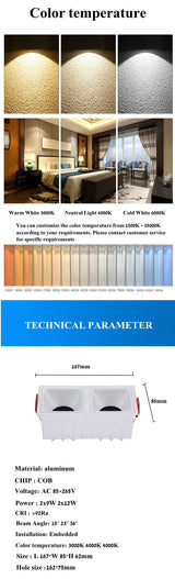 Square double-end Frameless  COB Recessed dimmable Downlight 2x9W 2x12W  LED Ceiling Spot Light for Bedroom Living room Kitchen