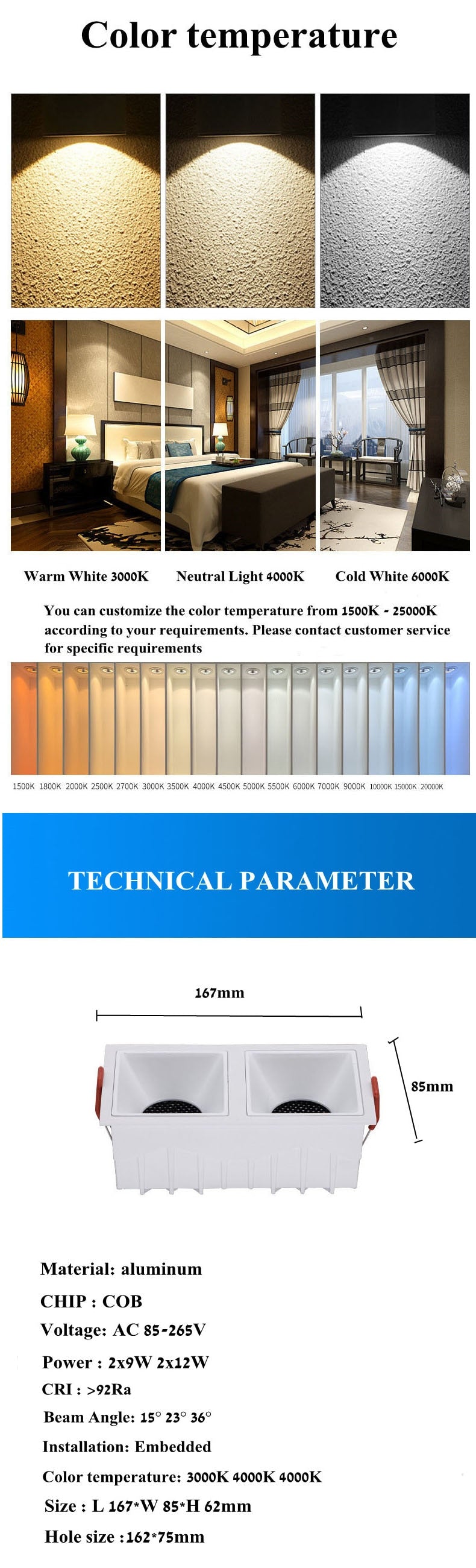 Square double-end Frameless  COB Recessed dimmable Downlight 2x9W 2x12W  LED Ceiling Spot Light for Bedroom Living room Kitchen