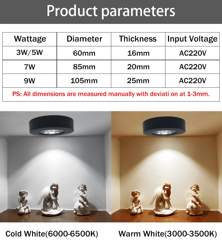 DBF Super Thin LED Surface Mounted Downlight 3W 5W 7W 9W Round Driverless Ceiling Spot Lamp for Cabinet Showcase AC 220V