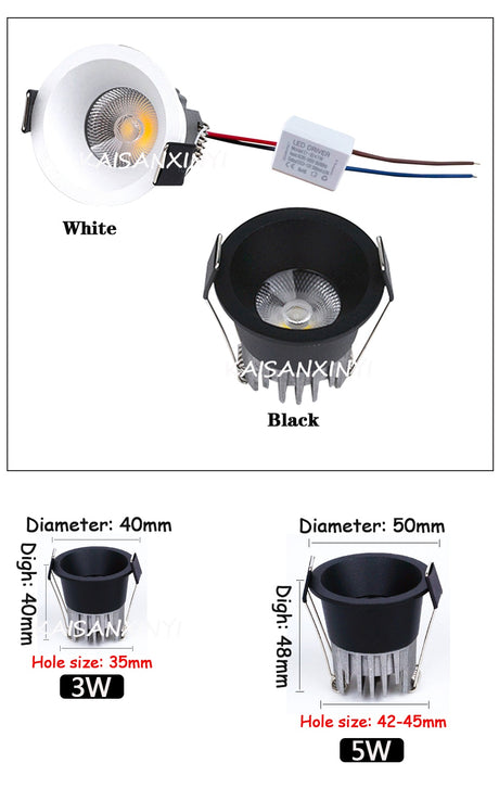 Anti-Corrosion Dimmable LED Downlight 3W 5W Anti-Glare Led Ceiling Lamp LED Spot Lighting Bedroom Kitchen COB Recessed Downlight