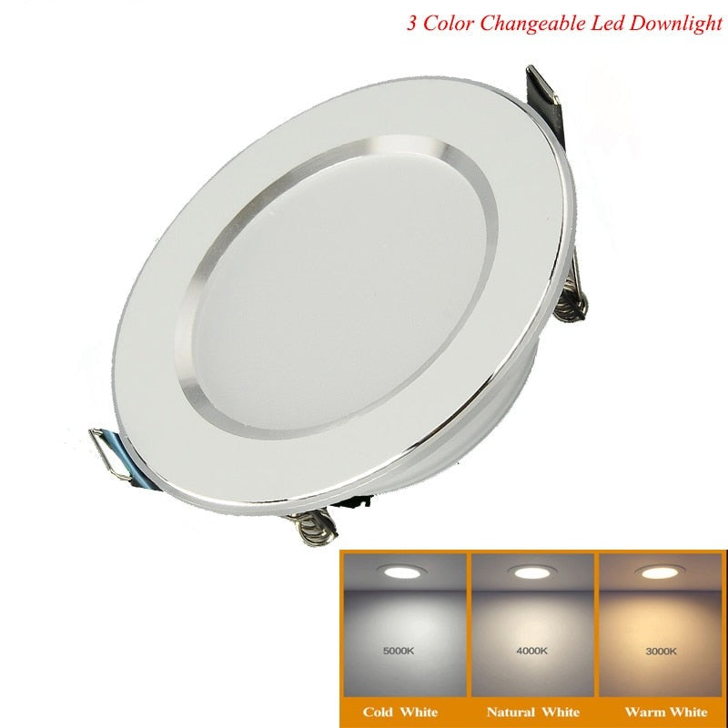 Changeable Led Downlight 5w 7w 9w 12w Ceiling Recessed Light Silver Frame 3 Color Change Warm Nature Cool White AC110-240V