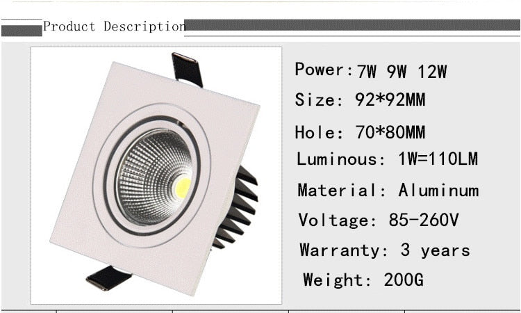 LED Down Light Square 7W 9W 12W Led Downlight COB Dimmable Recessed Led Ceiling Spot Light Lamp AC85-265V Driver Indoor lighting