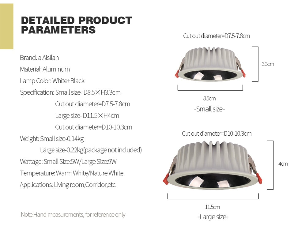 Aisilan Black LED Downlight background Spot Light Anti-glare Aluminum Ceiling Lamp Chip CRI 93 Suitable for indoor lighting