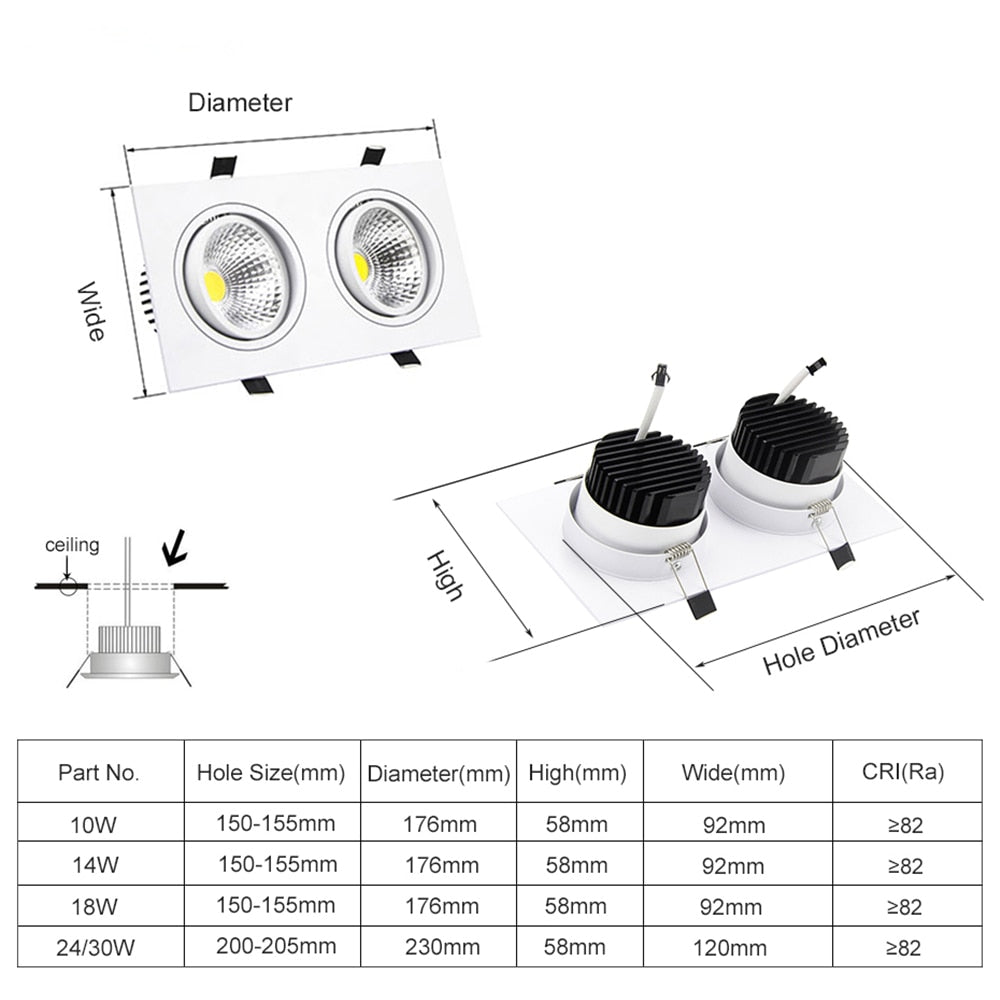 Square Recessed COB Downlight COB 7W 9W 12W 15W 14W 24W 21W 36W LED Ceiling Lamp AC85-265V Indoor LED Spot Light With Driver