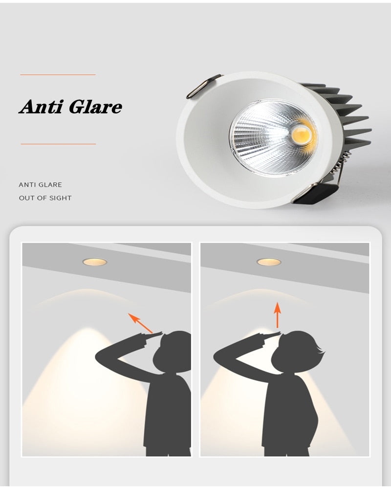 Super Bright Anti Glare Recessed Dimmable COB LED Downlights 7W 9W 12W LED Ceiling Spot Lights AC85~265V Background Lighting