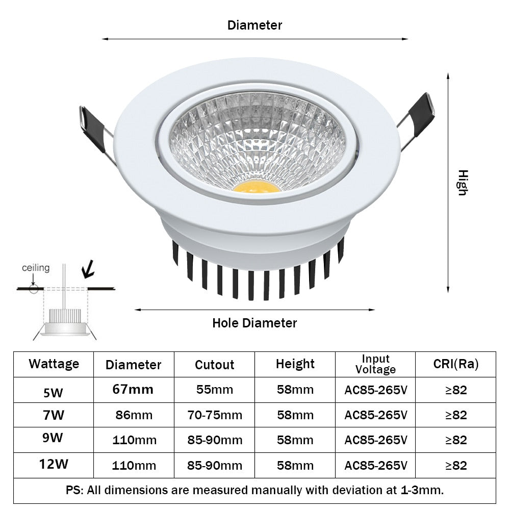 DBF Angle Adjust Dimmable LED Recessed Downlight 5W 7W 9W 12W 15W Ceiling Spot Lights with 90-265V LED Driver 3000K 4000K 6000K