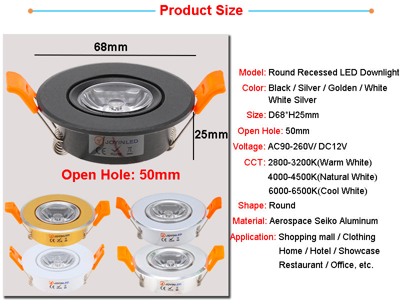 Dimmable Led Downlight Light COB Ceiling Spot Light 3W AC85-265V Aluminum Ceiling Recessed Lights Indoor Lighting Cutout 50mm
