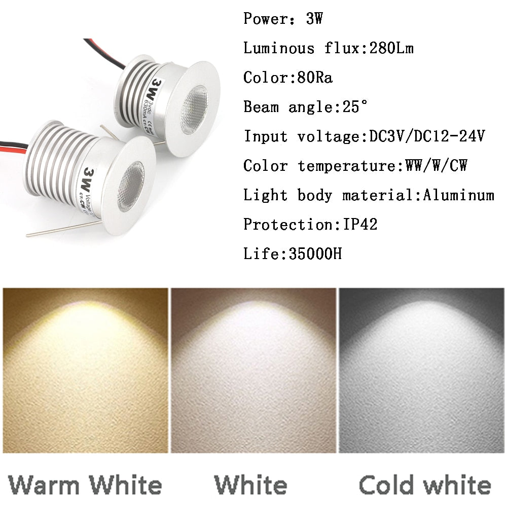 Indoor Spotlight LED Recessed Dimmable Ceiling Downlight 12V-24V / 3V 3W Cabinet Spot Light Living Room Bedroom Kitchen Spot