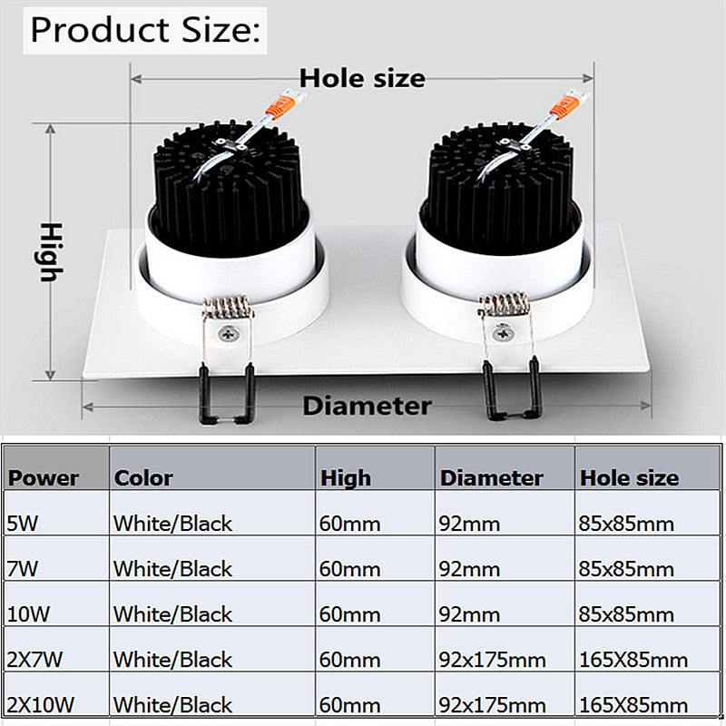 Led Downlight Square Dimmable COB Spot 5W 7W 10W 14W 20W AC85-265V ceiling recessed Indoor Lighting