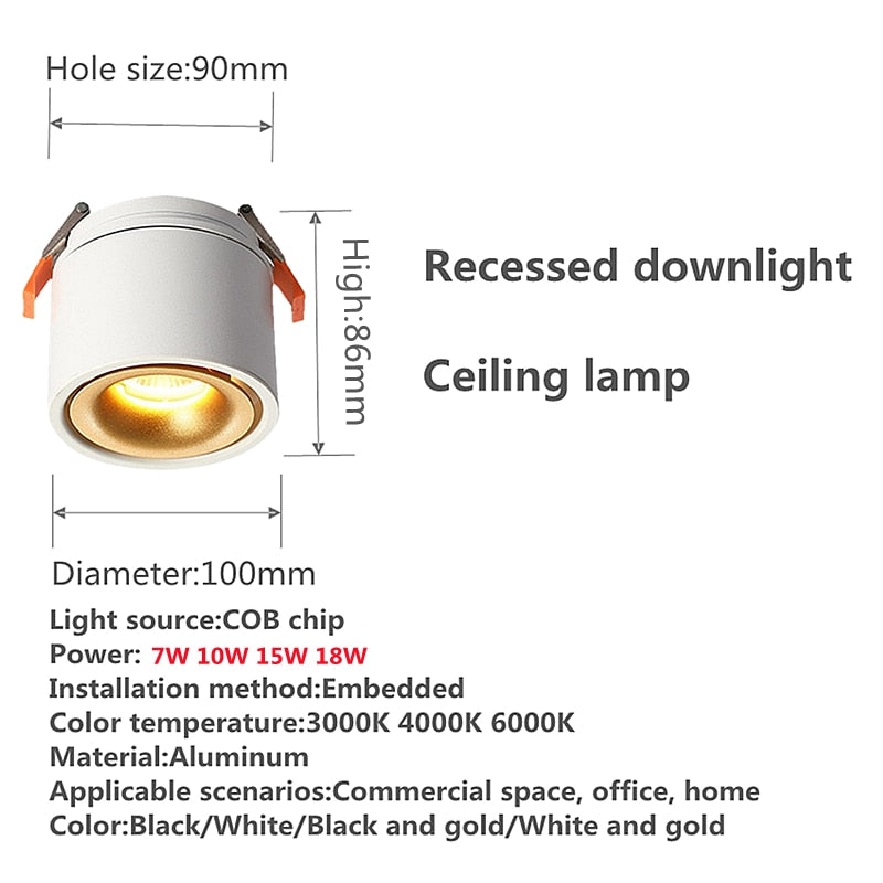 Foldable Dimmable LED COB Recessed Downlight Black/White Housing 7W 10W 15W 18W LED Ceiling Spot Light for Pictures Background