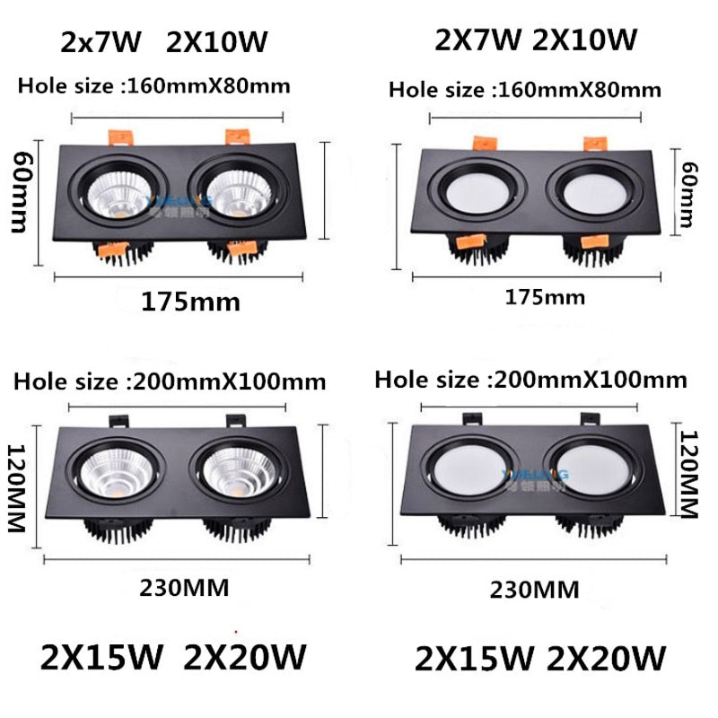 New Aluminum recessed downlights Double square Led Spot Light Dimmable LED COB Ceiling lamp AC85-265V 7W 9W 14W 20W 40w