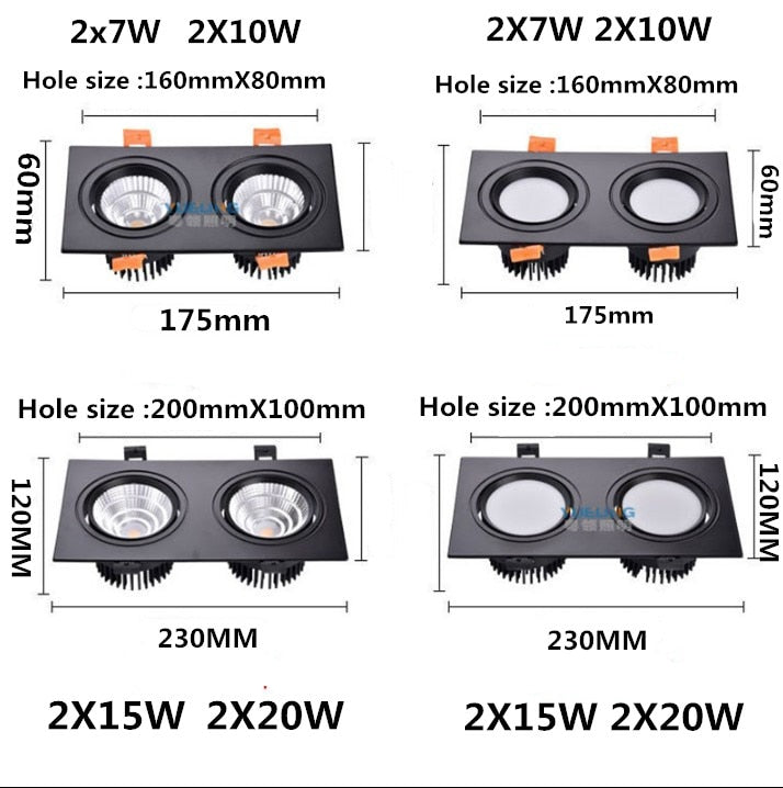 New Aluminum recessed downlights Double square Led Spot Light Dimmable LED COB Ceiling lamp AC85-265V 7W 9W 14W 20W 40w