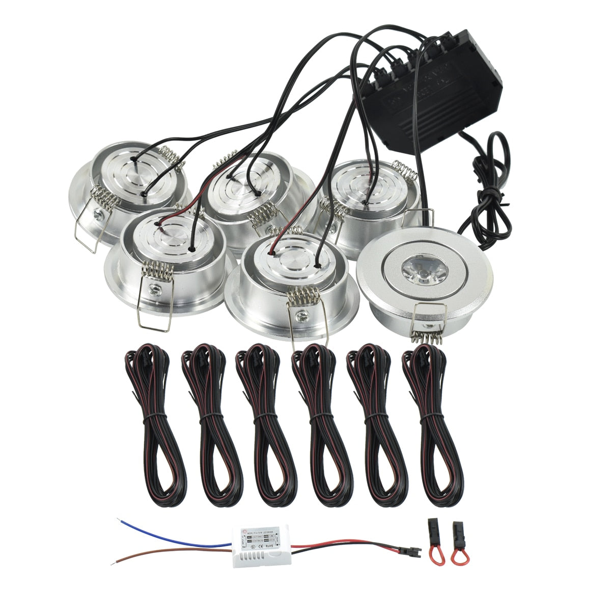 Mini LED Spot Downlights Lamp Set Ceiling Recessed 40mm Hole Silvery Black White 1W x 6 pcs 4m Long cord Cabinet Lights full kit