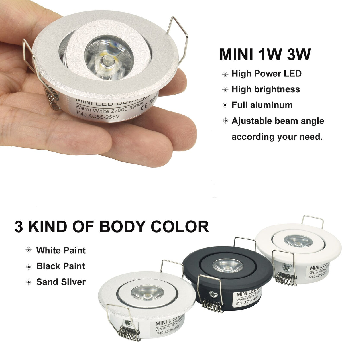 Mini LED Spot Downlights Lamp Set Ceiling Recessed 40mm Hole Silvery Black White 1W x 6 pcs 4m Long cord Cabinet Lights full kit