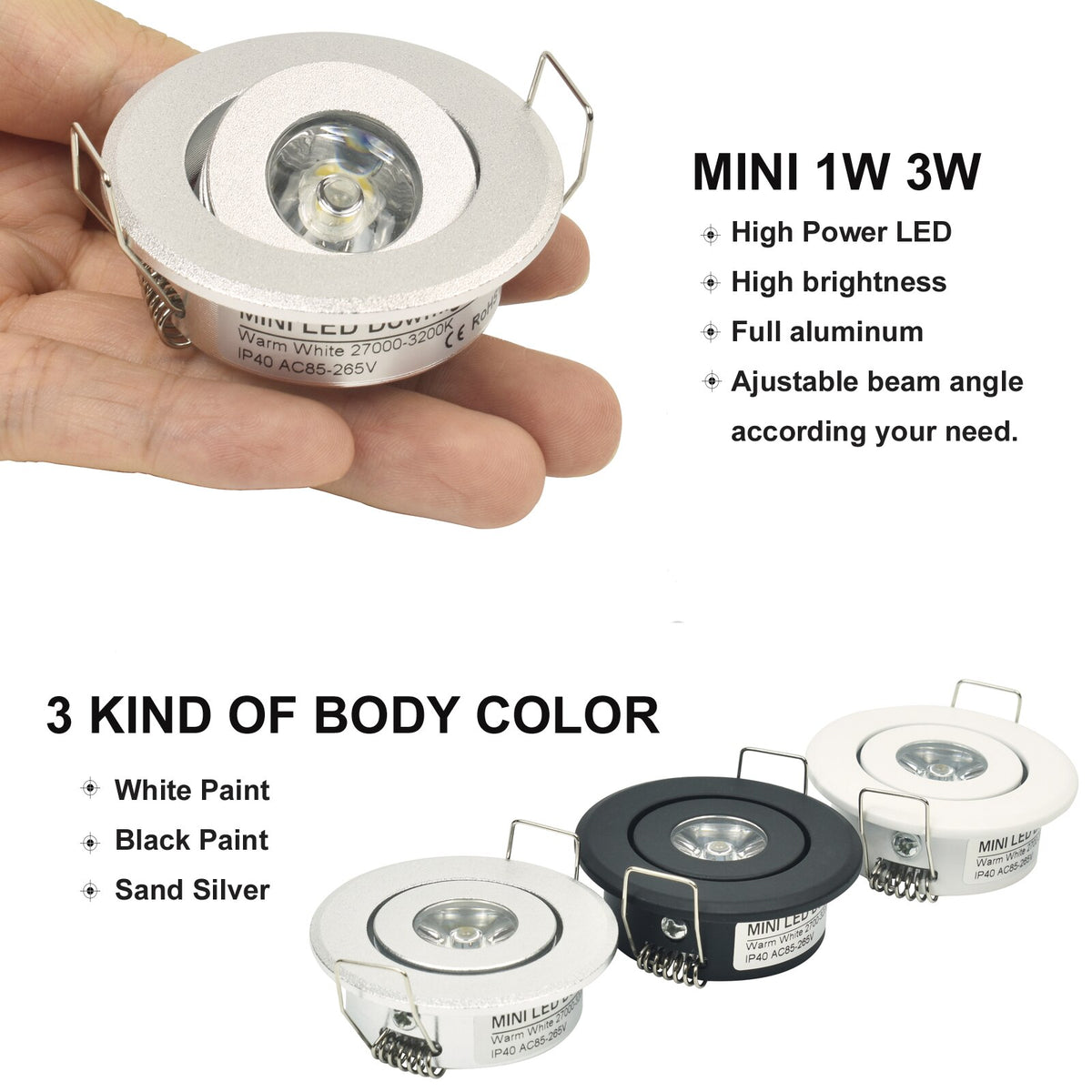 Mini LED Spot Downlights Lamp Set Ceiling Recessed 40mm Hole Silvery Black White 1W x 6 pcs 4m Long cord Cabinet Lights full kit