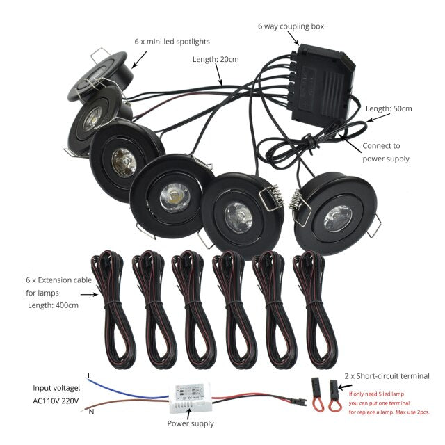 Mini LED Spot Downlights Lamp Set Ceiling Recessed 40mm Hole Silvery Black White 1W x 6 pcs 4m Long cord Cabinet Lights full kit