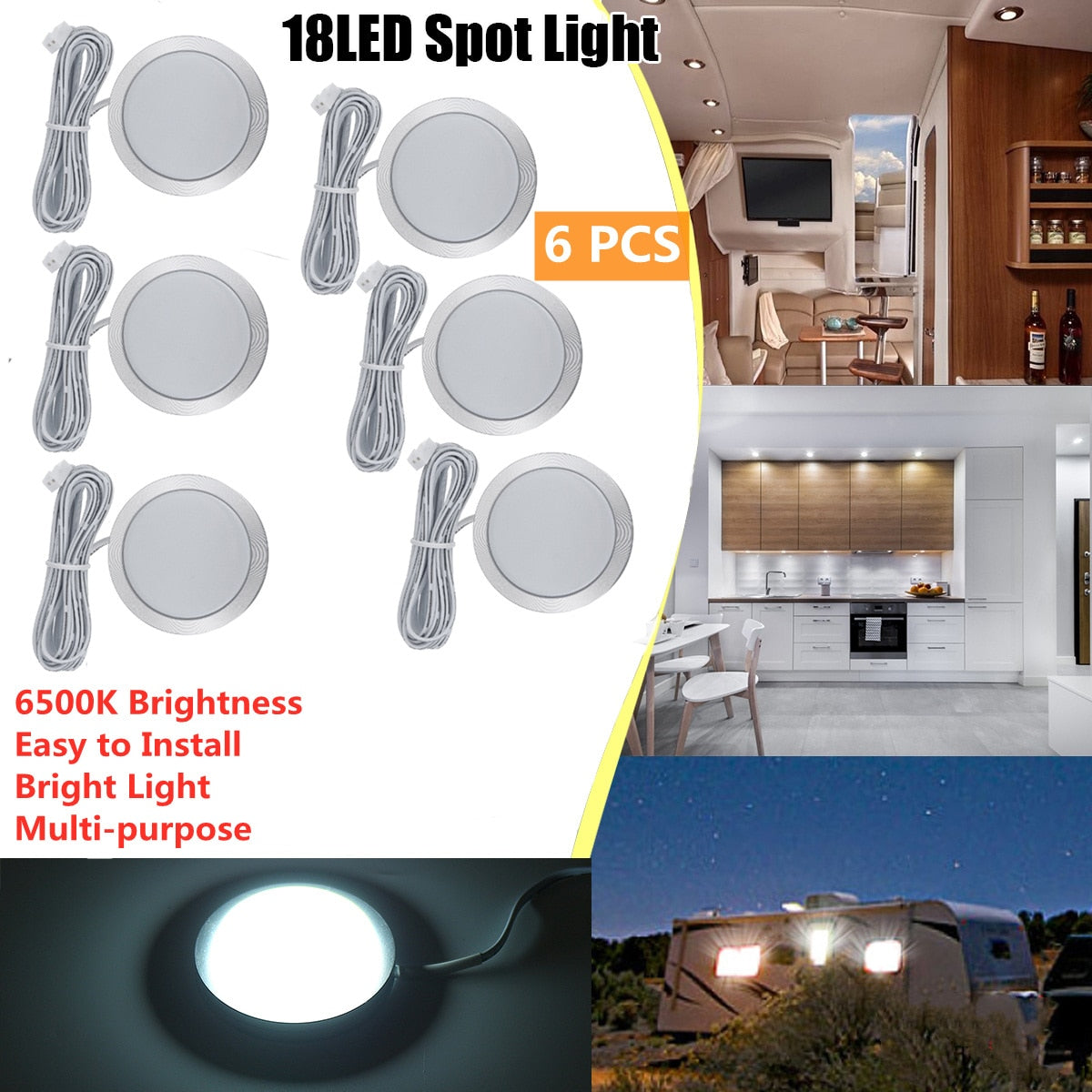 Caravan Interior Downlights Under Cabinet Recessed Spot Light Dome 4/6pcs 18LED Ceiling Lamp for Boat RV Camper Kitchen Showcase