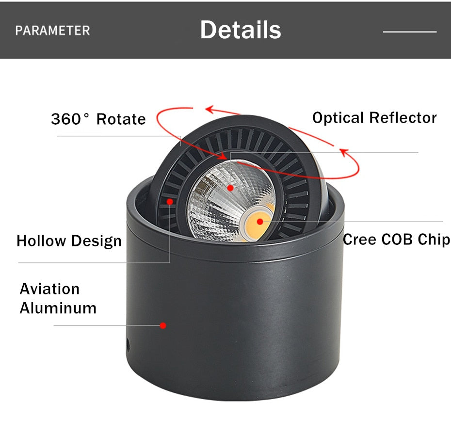 Dimmable COB LED Downlight Surface Mounted Light Fixture 360 Degree Rotating lamp for Kitchen Bathroom Living Room Bedroom