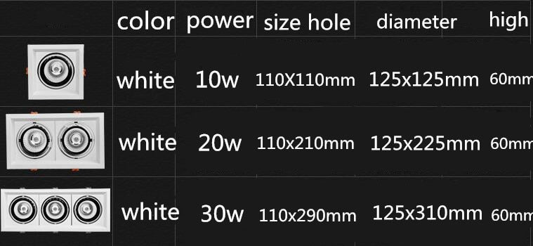 Super Bright Recessed square LED Dimmable Downlight COB 10w 20W 30w LED Spot light LED decoration Ceiling Lamp AC110V 220V