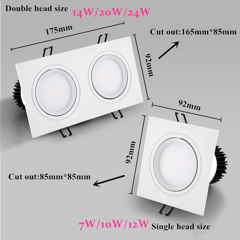 Dimmable Square Led Downlight Light Angle Adjustable COB Ceiling Spot Light 7w 10w 12w 14w 20w 24w Ceiling Recessed Lights AC85-265V