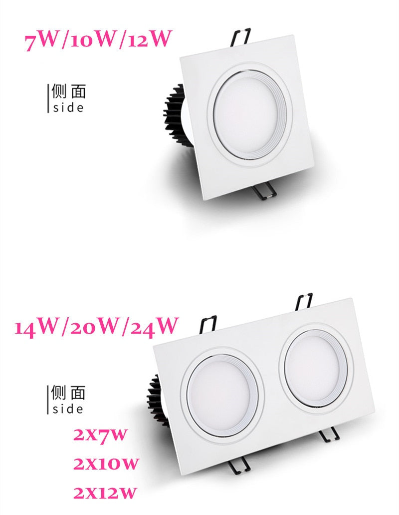 Dimmable Square Led Downlight Light Angle Adjustable COB Ceiling Spot Light 7w 10w 12w 14w 20w 24w Ceiling Recessed Lights AC85-265V