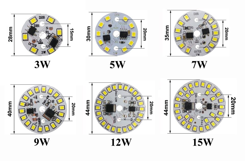 LED Downlight 3W 5W 7W 9W 12W 15W AC 220v led pcb smd2835 smart IC driver with 20cm wire for bulb light, driverless led bead for downlight