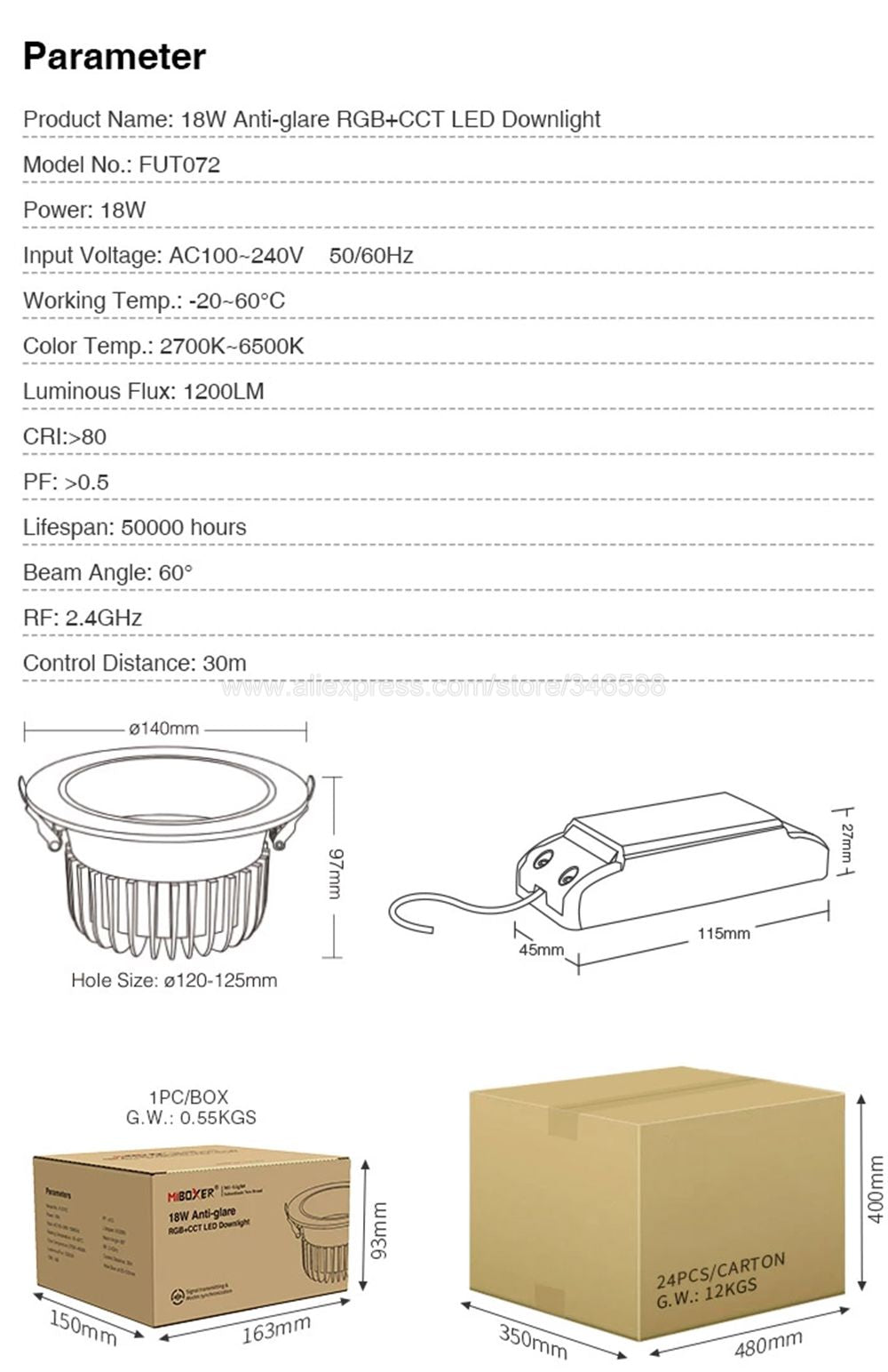 MiBoxer FUT072 18W Anti-glare RGBCCT Smart LED Downlight AC110V 220V 2.4G RF Wireless Remote WiFi APP Alexa Google Voice Control Spotlight LED