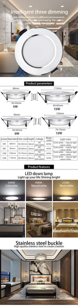 LED Downlight Ceiling lamps 5W 9W 12W 15W Tricolor temperature Warm white/natural white/cold white led Spotlight AC 220~240V