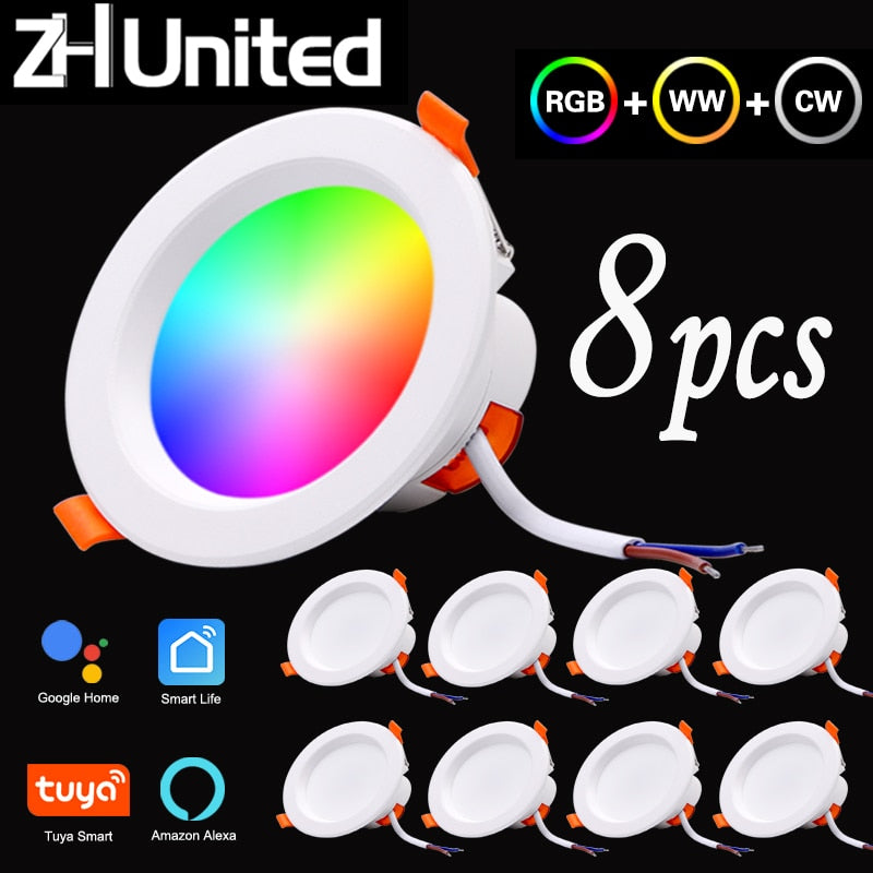 LED Smart Downlight Control Round Spotlight Intelligent Lamps Tuya 8pcs 5W/7W Smart light APP WiFi Ceiling RGB Warm Cold light