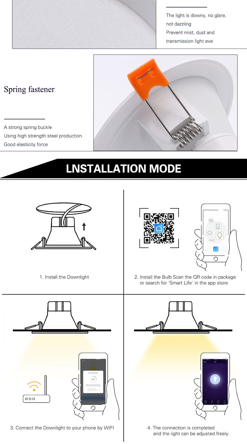 LED Smart Downlight Control Round Spotlight Intelligent Lamps Tuya 8pcs 5W/7W Smart light APP WiFi Ceiling RGB Warm Cold light