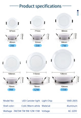 Led Downlights 220V 10pcs/lot Ceiling Light 3W 5W 7W Recessed Down Light Round Panel Light 9W 12W 15W Spotlight Indoor Lighting