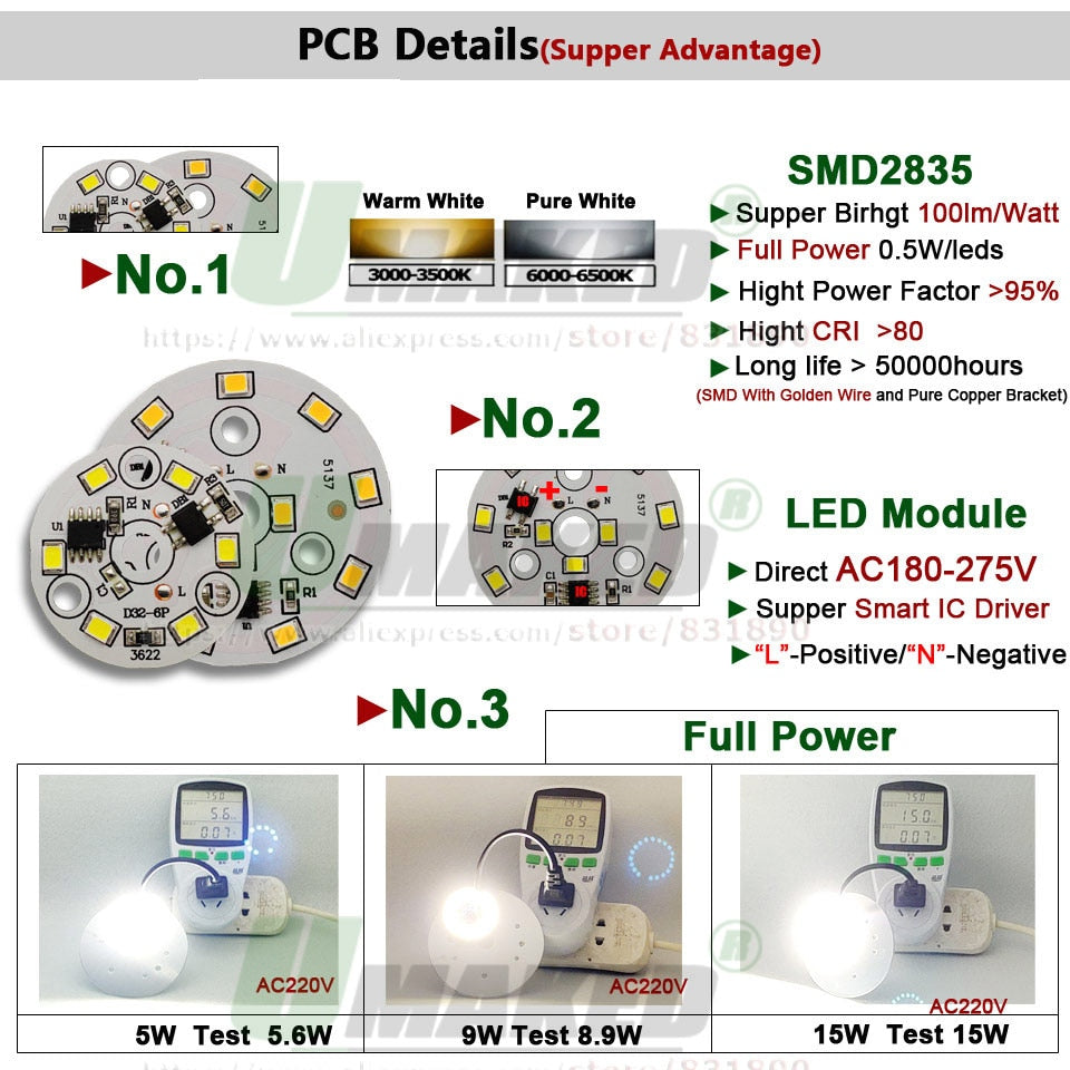 AC220V LED Module 3W 5W 32mm 100lm/W Downlight PCB Aluminum plate White/Warm SMD2835 Smart IC Driver For Downlight Ceiling Lamps