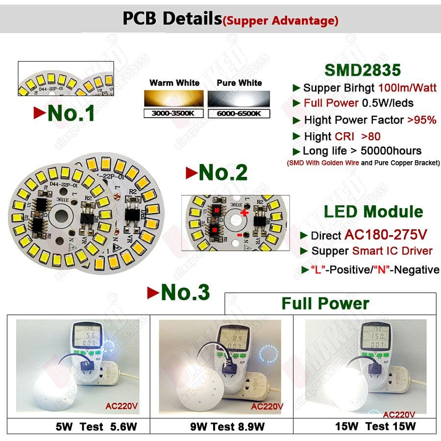 Led downlight, 3W 5W 7W 9W 12W 15W 18W AC 220V Driverless led pcb with smd integrated IC driver for downlight direct ac220v