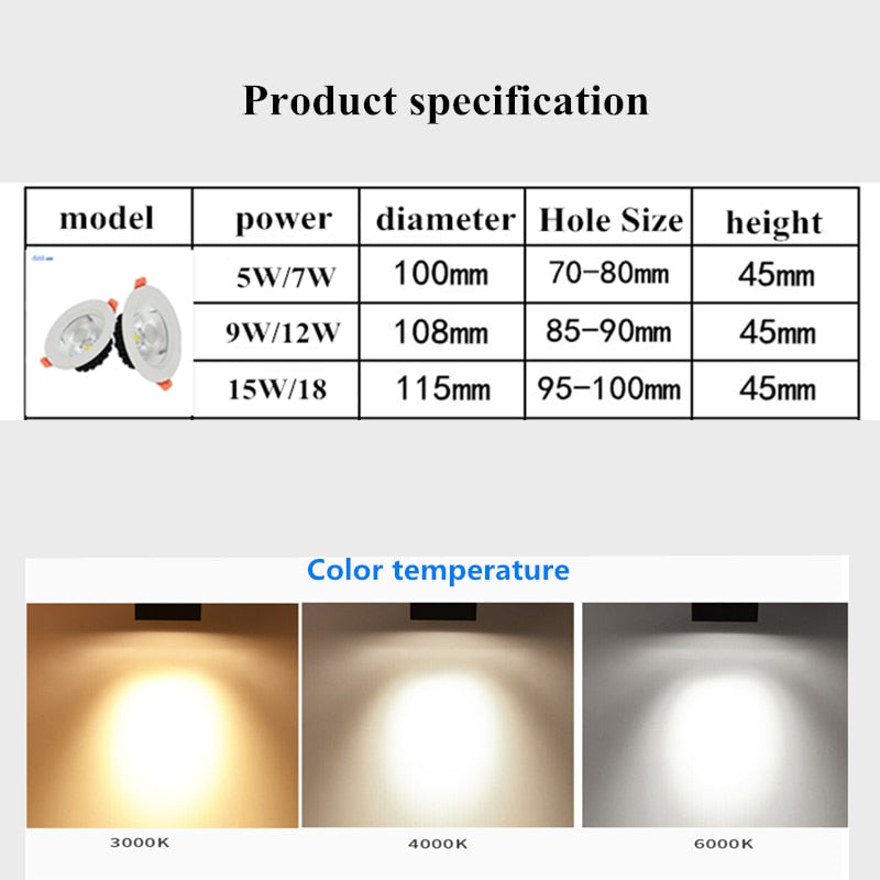 Dimmable LED ceiling downlight COB  5W 7W 9W 12W 15W 18W clothing store engineering embedded home lighting