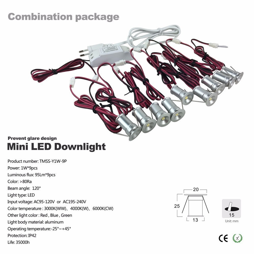 1W Mini Led Ceiling Downlight 15mm Cutout Recessed Spotlight 120D AC85-277V Driver Indoor Cabinet Lighting Small Spot 9pcs/set