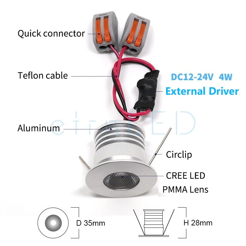 etrnLED 3W 4W Mini Led Spotlight Downlight 12V 24V Jewelry Display Ceiling Recessed Cabinet Spot Lamp with Driver Wire Connector